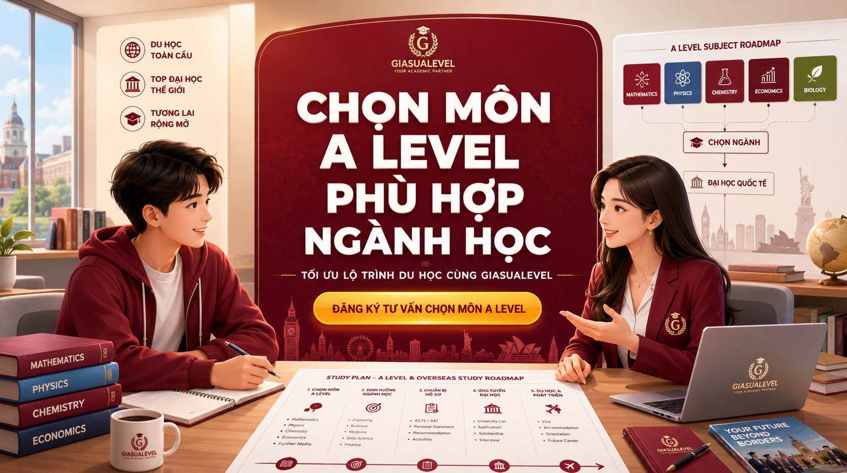 Chọn môn A Level là bước quan trọng giúp học sinh định hình ngành học đại học, tăng cơ hội trúng tuyển vào các trường danh tiếng và xây dựng lộ trình nghề nghiệp phù hợp trong tương lai. Để chọn đúng môn, học sinh cần dựa trên ngành học mục tiêu, yêu cầu tuyển sinh của từng trường và năng lực học thuật cá nhân. Với kinh nghiệm hơn 7 năm đồng hành cùng học sinh theo chương trình IB, A Level và AP, GIASUALEVEL sẽ giúp phụ huynh và học sinh hiểu rõ cách lựa chọn tổ hợp môn A Level hiệu quả, phù hợp với định hướng du học và mục tiêu đại học top đầu.
