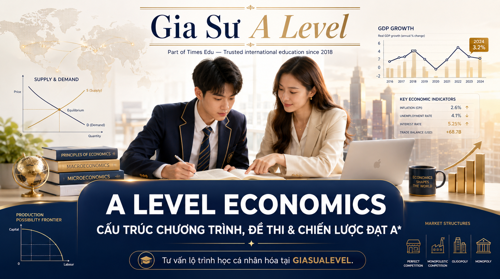 A Level Economics là môn học nền tảng quan trọng cho học sinh định hướng Kinh tế, Tài chính, Quản trị kinh doanh, Kế toán, Chính sách công và các ngành khoa học xã hội. Bài viết này sẽ phân tích cấu trúc chương trình, đặc thù đề thi và phương pháp học hiệu quả để đạt A* môn A Level Economics.