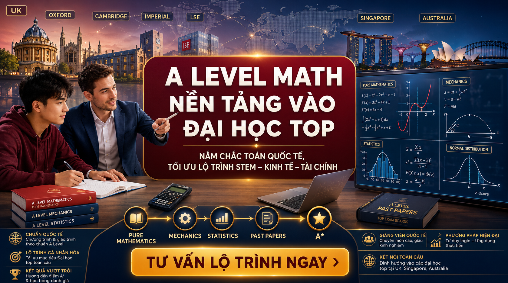 A Level Math là môn học nền tảng trong chương trình A Level, đặc biệt quan trọng với học sinh định hướng du học các ngành STEM, Kinh tế, Tài chính, Khoa học máy tính và nhiều nhóm ngành học thuật khác. Môn học này giúp học sinh phát triển tư duy logic, khả năng phân tích và kỹ năng giải quyết vấn đề theo chuẩn quốc tế. Trong bài viết này, GIASUALEVEL sẽ giúp phụ huynh và học sinh hiểu rõ cấu trúc chương trình A Level Math, nội dung cần học, phương pháp ôn tập hiệu quả và chiến lược đạt điểm A* để tối ưu cơ hội vào các đại học hàng đầu thế giới.