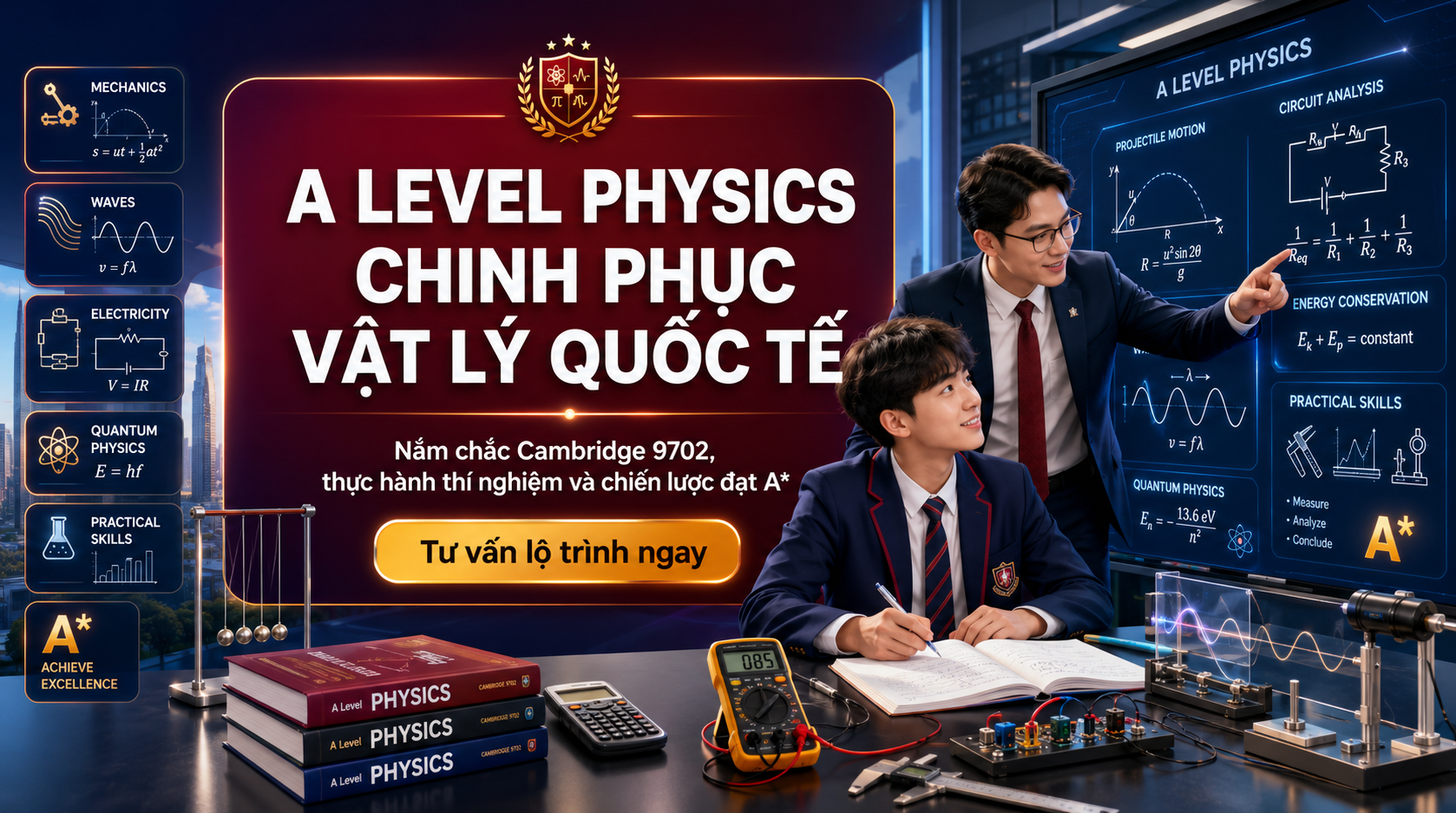 A Level Physics là môn Vật lý quốc tế thuộc chương trình Cambridge International, phù hợp với học sinh 16–19 tuổi định hướng du học các ngành Kỹ thuật, Công nghệ, Khoa học tự nhiên, Y sinh và Vật lý ứng dụng. Với mã môn 9702, chương trình giúp học sinh phát triển tư duy khoa học, khả năng phân tích định lượng và kỹ năng thực hành thí nghiệm theo chuẩn tiền đại học. Trong bài viết này, GIASUALEVEL sẽ giúp phụ huynh và học sinh hiểu rõ cấu trúc môn A Level Physics, các chuyên đề trọng tâm, độ khó, phương pháp học hiệu quả và định hướng ngành học phù hợp trong tương lai.