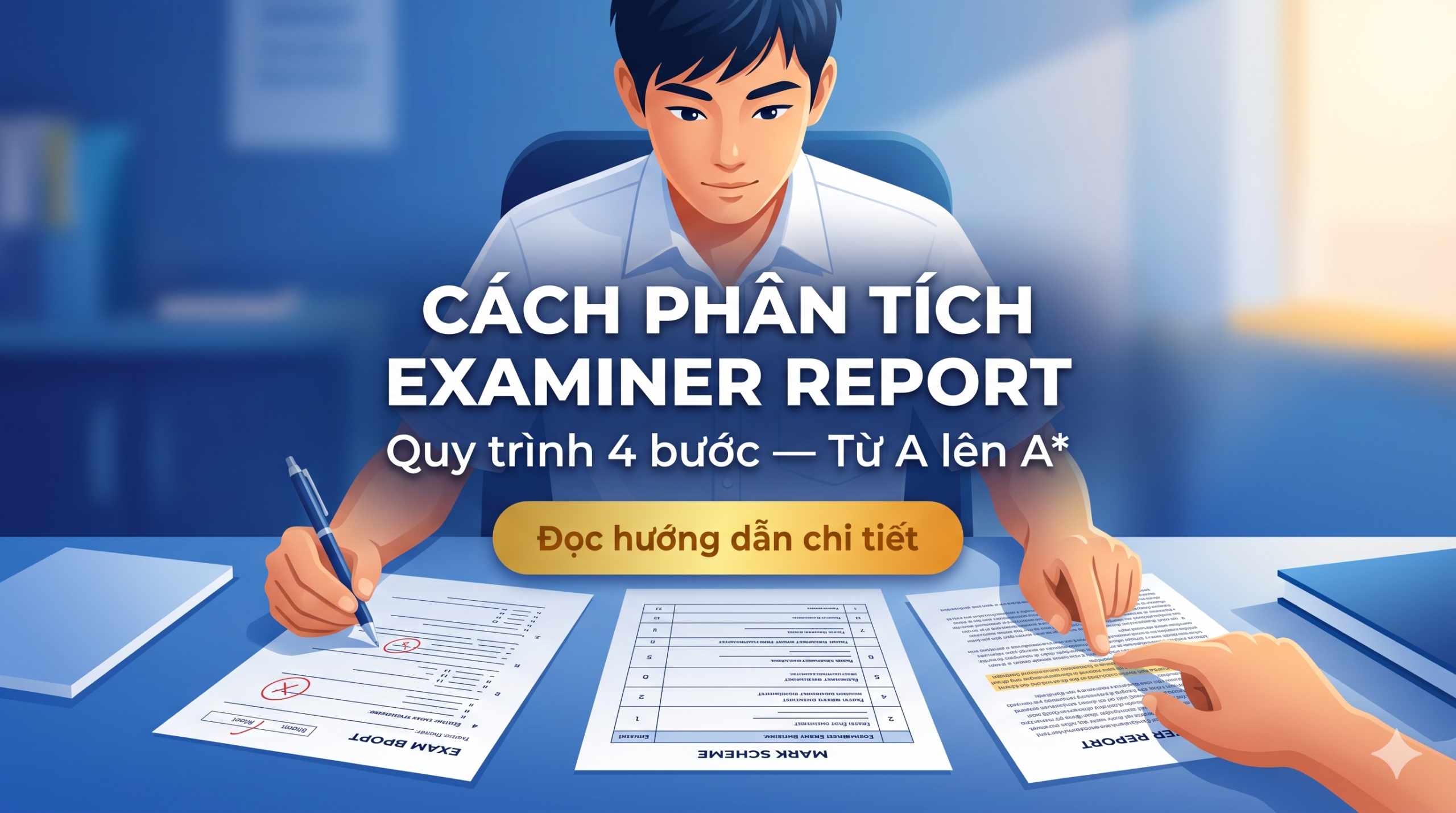 Cách phân tích examiner report A Level hiệu quả gồm 4 bước cốt lõi: đối chiếu song song với mark scheme và bài làm của mình, nhận diện các lỗi sai phổ biến mà giám khảo ghi nhận, học hỏi từ mô tả bài làm xuất sắc, và phân tích chi tiết theo từng câu hỏi trong đề thi. Đây là tài liệu mà phần lớn học viên biết tên nhưng không biết cách khai thác — và chính khoảng cách đó tạo ra sự chênh lệch điểm số rõ rệt giữa các bạn cùng trình độ. Bài viết hôm nay, đội ngũ chuyên viên tại Gia Sư A Level sẽ hướng dẫn chi tiết từng bước — mời các bạn đọc tiếp để nắm trọn quy trình.