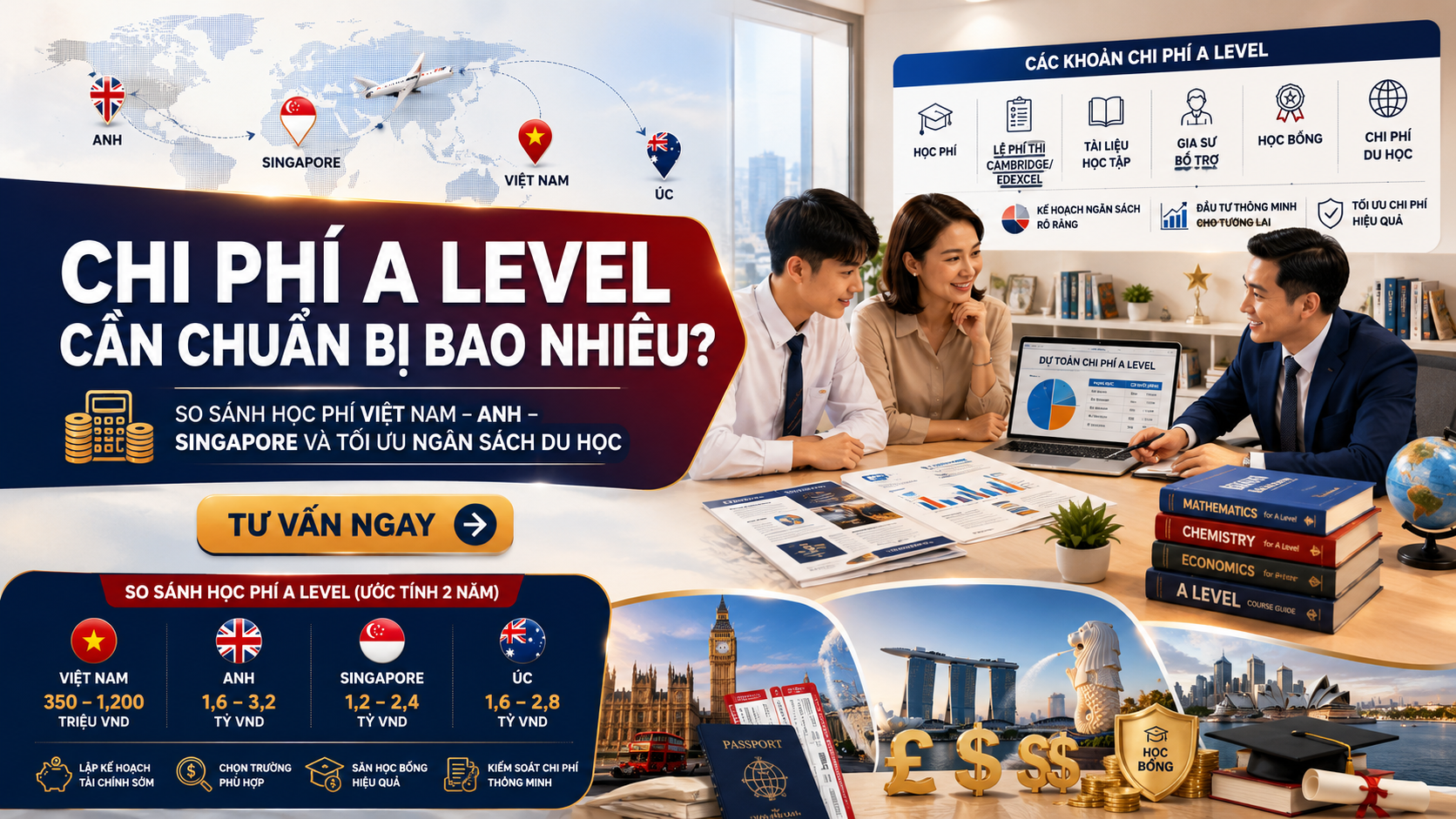 Chi phí A Level là yếu tố quan trọng mà nhiều phụ huynh cần cân nhắc khi đầu tư chương trình giáo dục quốc tế cho con. Tùy theo học tại Việt Nam hay nước ngoài, học phí, lệ phí thi, tài liệu học tập, gia sư bổ trợ và các khoản phát sinh có thể chênh lệch đáng kể. Trong bài viết này, GIASUALEVEL sẽ giúp phụ huynh hiểu rõ cơ cấu chi phí A Level, so sánh các lựa chọn học tập và xây dựng kế hoạch tài chính phù hợp với mục tiêu du học của từng học sinh.
