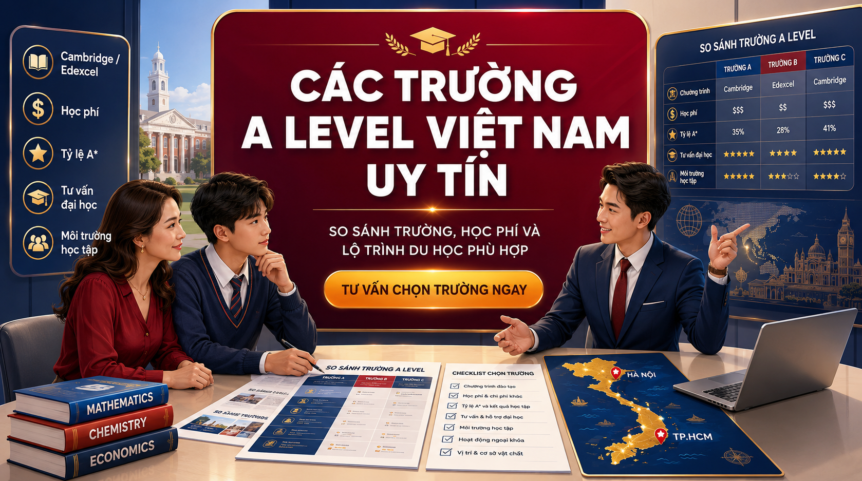 Các trường A Level Việt Nam ngày càng được nhiều phụ huynh quan tâm khi tìm kiếm môi trường học tập chuẩn quốc tế, giúp học sinh xây dựng nền tảng học thuật vững chắc và mở rộng cơ hội du học. Việc lựa chọn đúng trường A Level không chỉ ảnh hưởng đến kết quả học tập mà còn quyết định lộ trình vào đại học của học sinh trong tương lai. Trong bài viết này, GIASUALEVEL sẽ giúp phụ huynh và học sinh tìm hiểu danh sách các trường A Level uy tín tại Việt Nam, tiêu chí đánh giá chất lượng giảng dạy và cách chọn trường phù hợp với năng lực, mục tiêu du học của từng học sinh.
